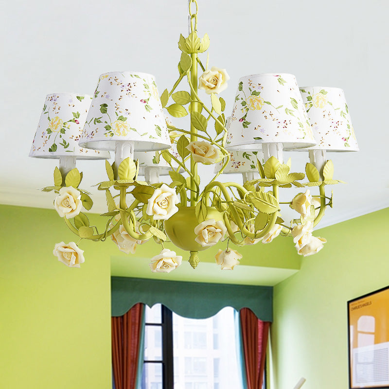 Tapered Bedroom Pendant Chandelier Traditional Metal 3/6/8 Heads Green Ceiling Hang Fixture with Rose Decoration Clearhalo 'Ceiling Lights' 'Chandeliers' Lighting' options 465533