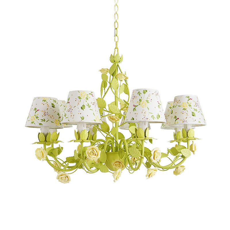 Tapered Bedroom Pendant Chandelier Traditional Metal 3/6/8 Heads Green Ceiling Hang Fixture with Rose Decoration Clearhalo 'Ceiling Lights' 'Chandeliers' Lighting' options 465539