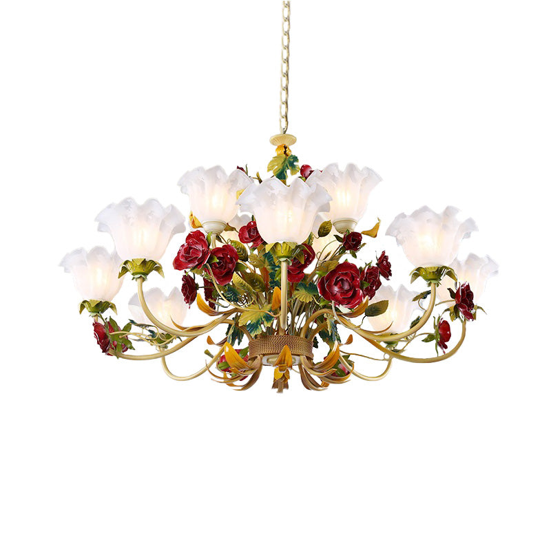 Green Scalloped Chandelier Lamp Pastoral Metal 3/12 Heads Living Room Ceiling Pendant Light Clearhalo 'Ceiling Lights' 'Chandeliers' Lighting' options 465545