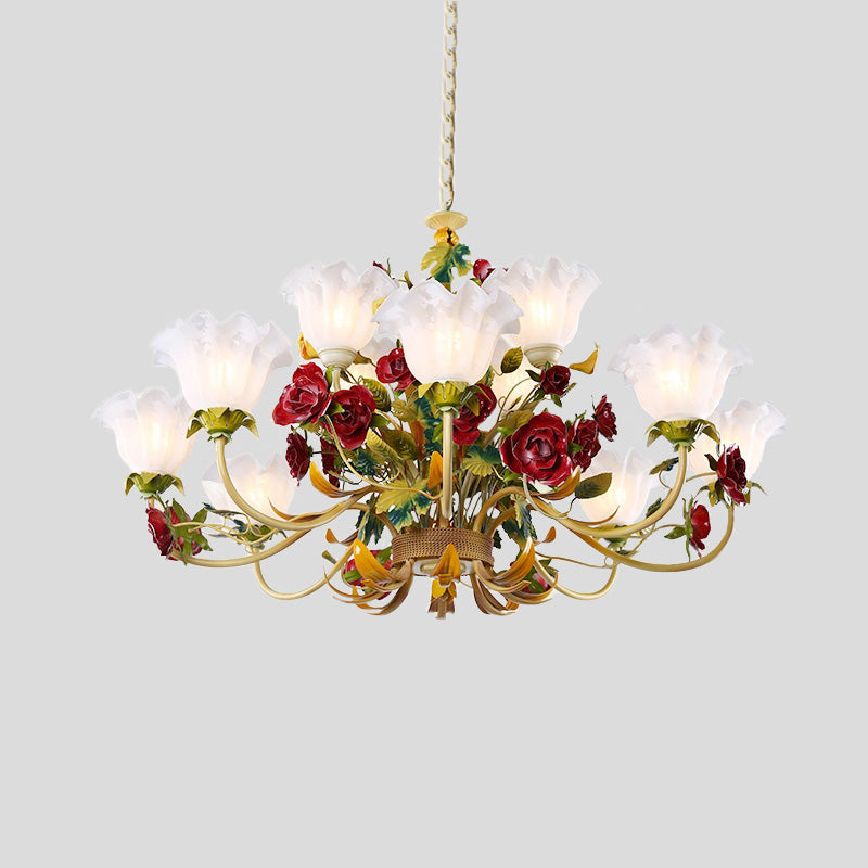 Green Scalloped Chandelier Lamp Pastoral Metal 3/12 Heads Living Room Ceiling Pendant Light Clearhalo 'Ceiling Lights' 'Chandeliers' Lighting' options 465546