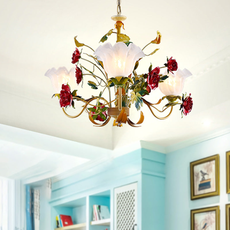 Green Scalloped Chandelier Lamp Pastoral Metal 3/12 Heads Living Room Ceiling Pendant Light 3 Green Clearhalo 'Ceiling Lights' 'Chandeliers' Lighting' options 465548_5b411aef-eed6-4103-bf3c-74044e2834de