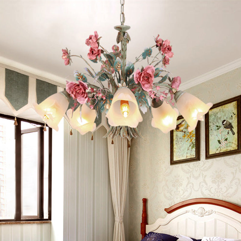 Metal Green Chandelier Light Fixture Flared 5/8 Bulbs Countryside Rose Down Lighting for Living Room Clearhalo 'Ceiling Lights' 'Chandeliers' Lighting' options 465555