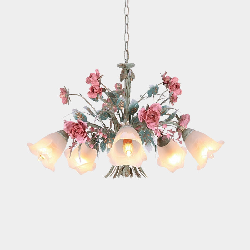 Metal Green Chandelier Light Fixture Flared 5/8 Bulbs Countryside Rose Down Lighting for Living Room Clearhalo 'Ceiling Lights' 'Chandeliers' Lighting' options 465557