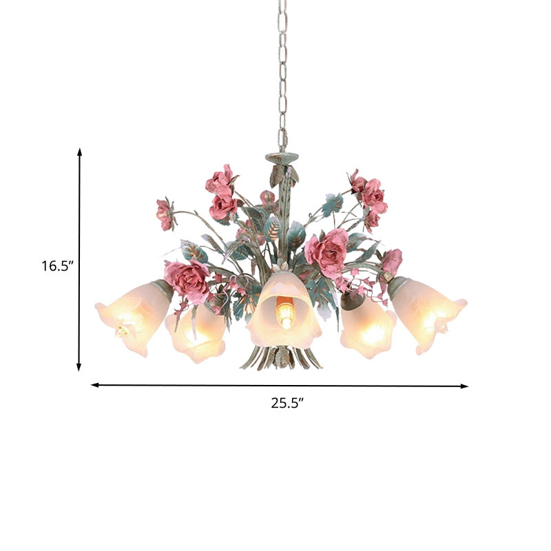 Metal Green Chandelier Light Fixture Flared 5/8 Bulbs Countryside Rose Down Lighting for Living Room Clearhalo 'Ceiling Lights' 'Chandeliers' Lighting' options 465558