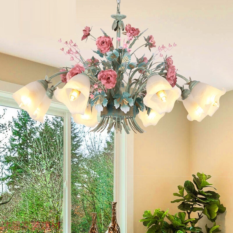 Metal Green Chandelier Light Fixture Flared 5/8 Bulbs Countryside Rose Down Lighting for Living Room 8 Green Clearhalo 'Ceiling Lights' 'Chandeliers' Lighting' options 465559_c064bfc0-3dba-4c64-8c5f-dd32ad4127a2