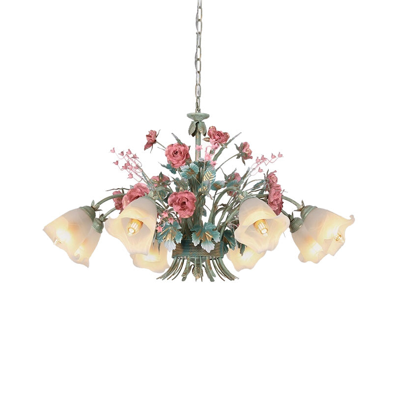 Metal Green Chandelier Light Fixture Flared 5/8 Bulbs Countryside Rose Down Lighting for Living Room Clearhalo 'Ceiling Lights' 'Chandeliers' Lighting' options 465561