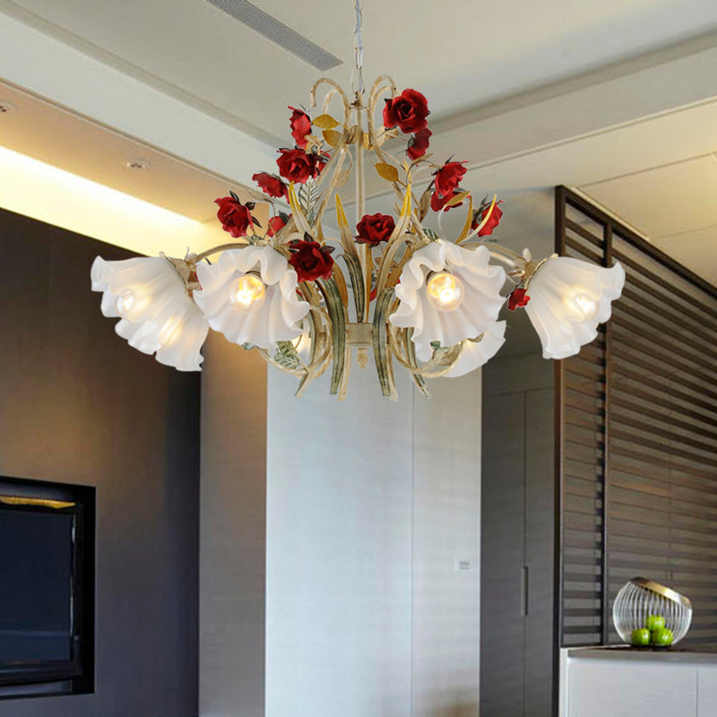Beige 3/6/8 Lights Hanging Chandelier Pastoral Metal Scalloped Pendant Light Fixture with Flower for Living Room 6 Beige Clearhalo 'Ceiling Lights' 'Chandeliers' Lighting' options 465602_ca68ebfd-b945-49b3-981a-f704b970ec2d