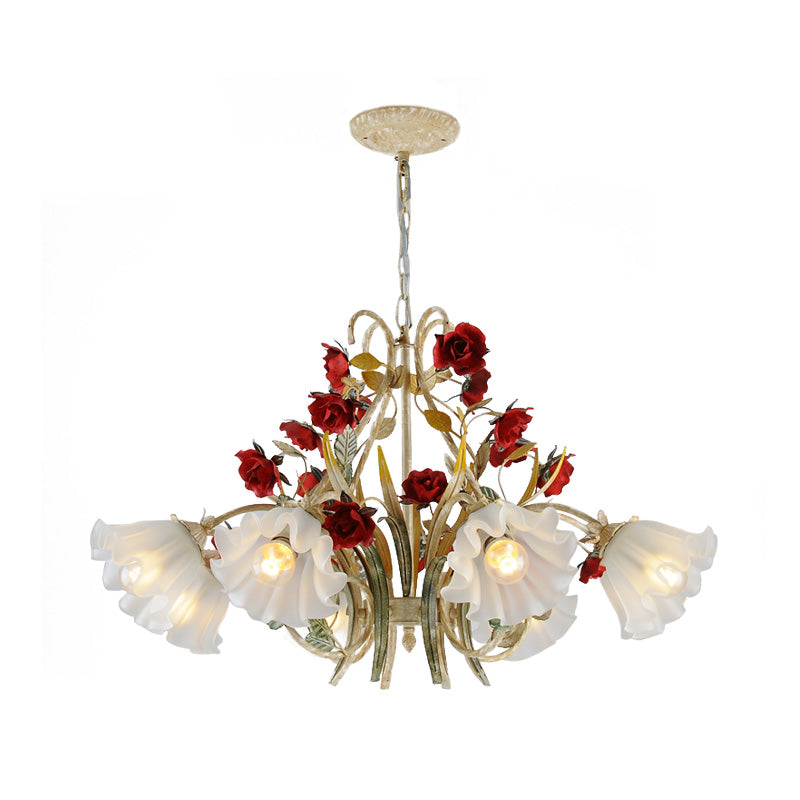 Beige 3/6/8 Lights Hanging Chandelier Pastoral Metal Scalloped Pendant Light Fixture with Flower for Living Room Clearhalo 'Ceiling Lights' 'Chandeliers' Lighting' options 465604