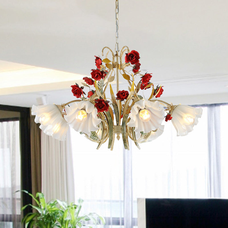 Beige 3/6/8 Lights Hanging Chandelier Pastoral Metal Scalloped Pendant Light Fixture with Flower for Living Room Clearhalo 'Ceiling Lights' 'Chandeliers' Lighting' options 465606