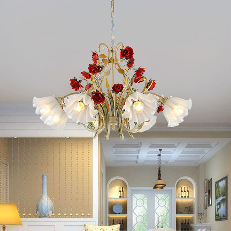 Beige 3/6/8 Lights Hanging Chandelier Pastoral Metal Scalloped Pendant Light Fixture with Flower for Living Room Clearhalo 'Ceiling Lights' 'Chandeliers' Lighting' options 465607