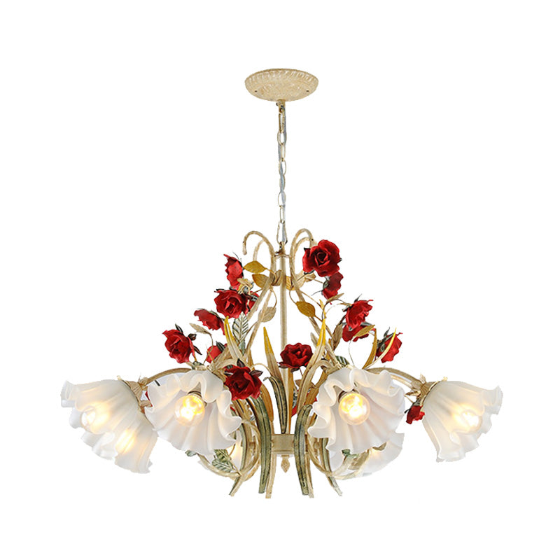 Beige 3/6/8 Lights Hanging Chandelier Pastoral Metal Scalloped Pendant Light Fixture with Flower for Living Room Clearhalo 'Ceiling Lights' 'Chandeliers' Lighting' options 465608