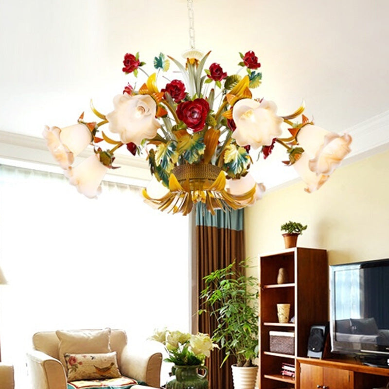 Metal Yellow Ceiling Chandelier Flared 5/8 Bulbs Countryside LED Hanging Light Kit for Living Room 8 Yellow Clearhalo 'Ceiling Lights' 'Chandeliers' Lighting' options 465628_0eb406ba-1b5a-4d48-959a-e96c77c461b0