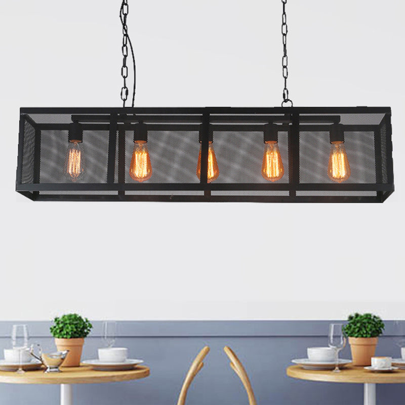 Rectangle Dining Room Island Pendant Light with Mesh Shade Industrial Iron 5 Heads Black Finish Hanging Lamp Clearhalo 'Ceiling Lights' 'Island Lights' Lighting' 465686