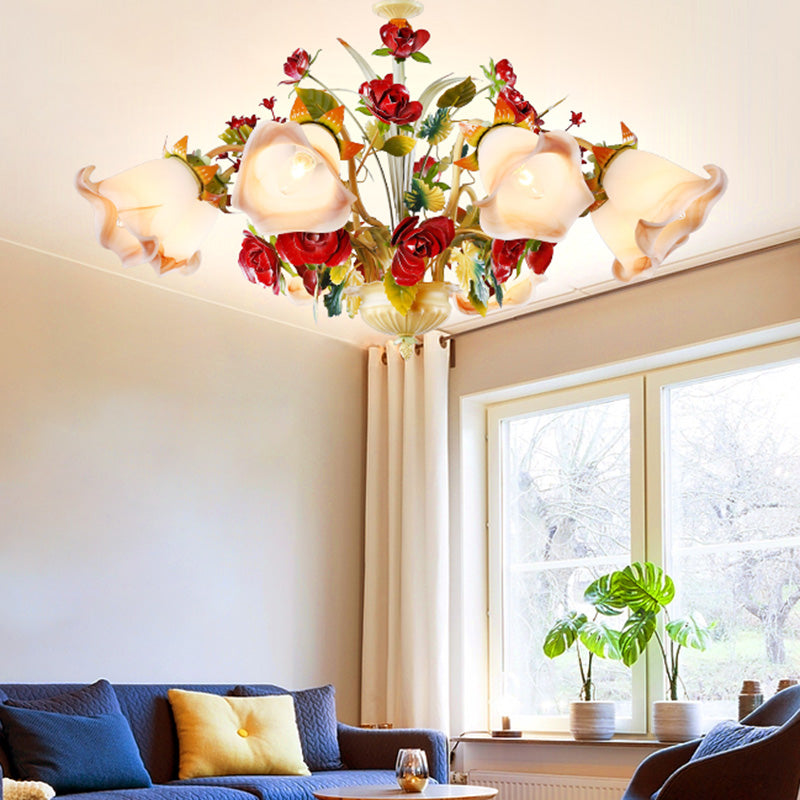 Metal Yellow Chandelier Lighting Fixture Rose 5/8 Bulbs Pastoral Style LED Hanging Ceiling Light for Living Room Clearhalo 'Ceiling Lights' 'Chandeliers' Lighting' options 465711