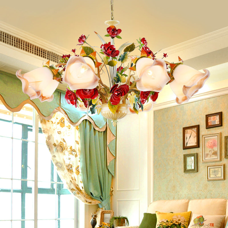 Metal Yellow Chandelier Lighting Fixture Rose 5/8 Bulbs Pastoral Style LED Hanging Ceiling Light for Living Room Clearhalo 'Ceiling Lights' 'Chandeliers' Lighting' options 465712