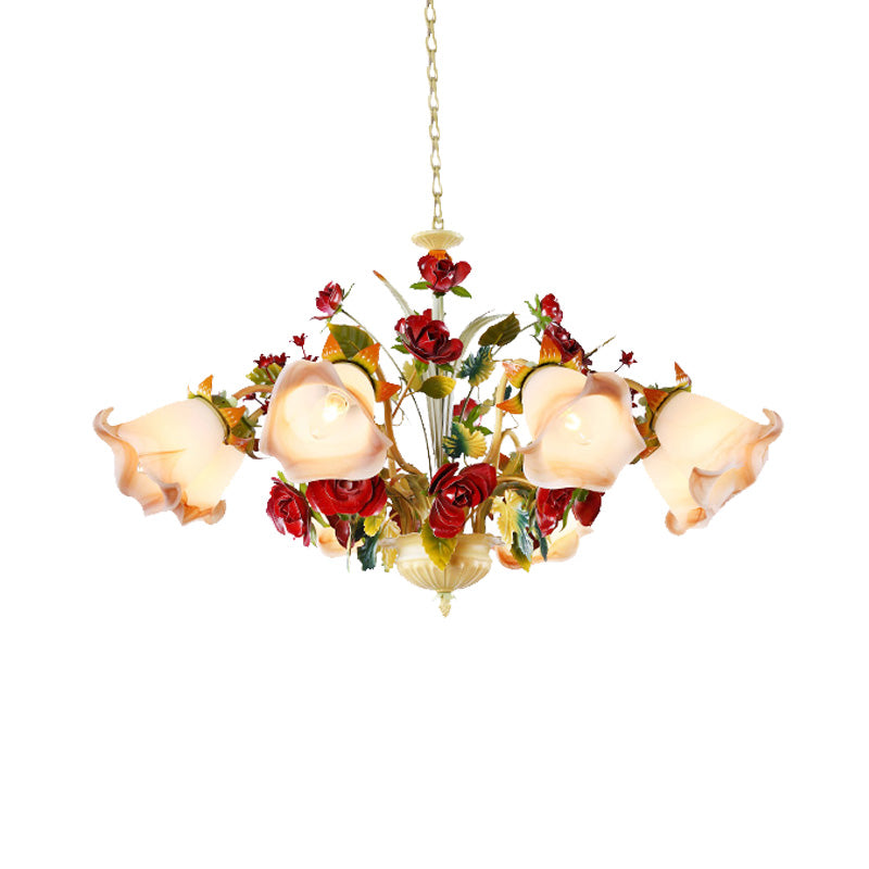 Metal Yellow Chandelier Lighting Fixture Rose 5/8 Bulbs Pastoral Style LED Hanging Ceiling Light for Living Room Clearhalo 'Ceiling Lights' 'Chandeliers' Lighting' options 465713