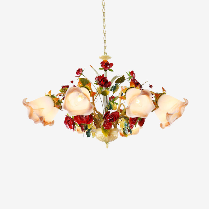 Metal Yellow Chandelier Lighting Fixture Rose 5/8 Bulbs Pastoral Style LED Hanging Ceiling Light for Living Room Clearhalo 'Ceiling Lights' 'Chandeliers' Lighting' options 465714