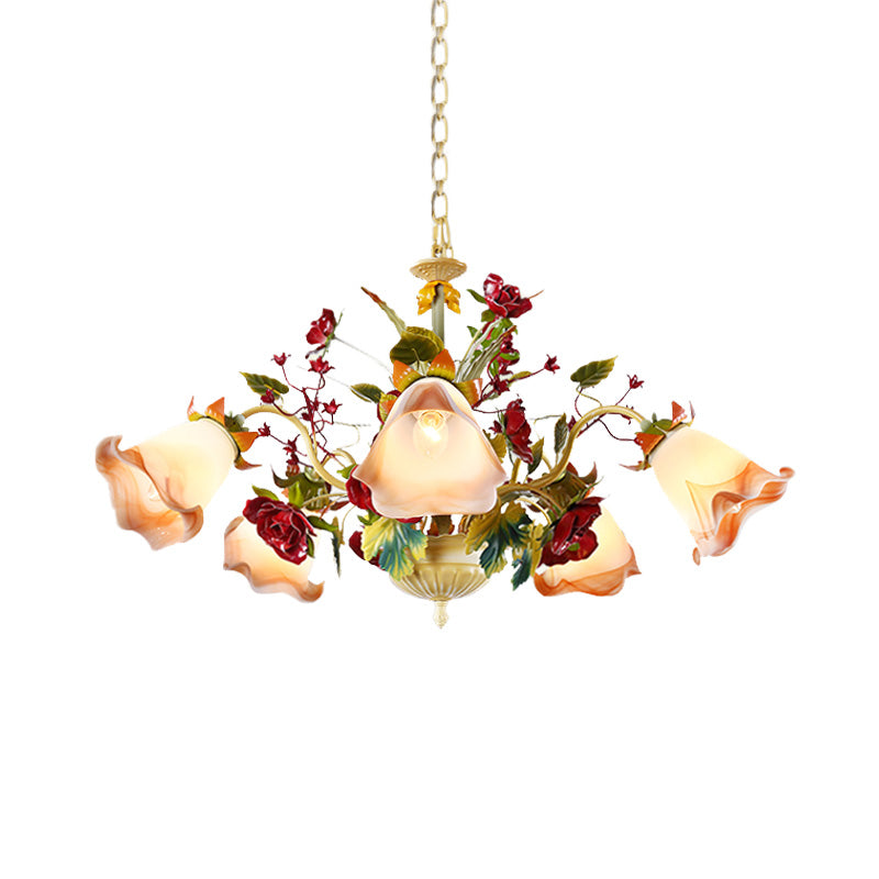 Metal Yellow Chandelier Lighting Fixture Rose 5/8 Bulbs Pastoral Style LED Hanging Ceiling Light for Living Room Clearhalo 'Ceiling Lights' 'Chandeliers' Lighting' options 465718