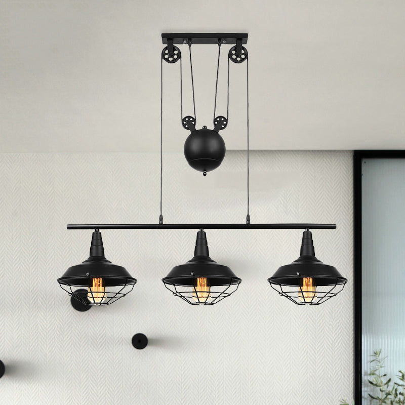 Farmhouse Barn Island Pendant 3 Lights Metallic Pendant Lighting with Cage Shade and Pulley in Black Clearhalo 'Ceiling Lights' 'Island Lights' Lighting' 465720