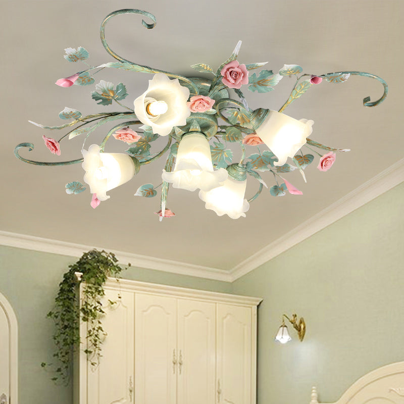 Metal Floral Ceiling Fixture Pastoral 4/5/9 Lights Living Room Semi Flush Mount Light in Blue 5 Blue Clearhalo 'Ceiling Lights' 'Close To Ceiling Lights' 'Close to ceiling' 'Semi-flushmount' Lighting' 465724