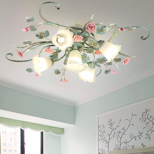 Metal Floral Ceiling Fixture Pastoral 4/5/9 Lights Living Room Semi Flush Mount Light in Blue Clearhalo 'Ceiling Lights' 'Close To Ceiling Lights' 'Close to ceiling' 'Semi-flushmount' Lighting' 465725