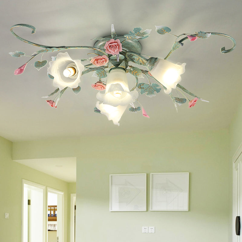 Metal Floral Ceiling Fixture Pastoral 4/5/9 Lights Living Room Semi Flush Mount Light in Blue 4 Blue Clearhalo 'Ceiling Lights' 'Close To Ceiling Lights' 'Close to ceiling' 'Semi-flushmount' Lighting' 465729