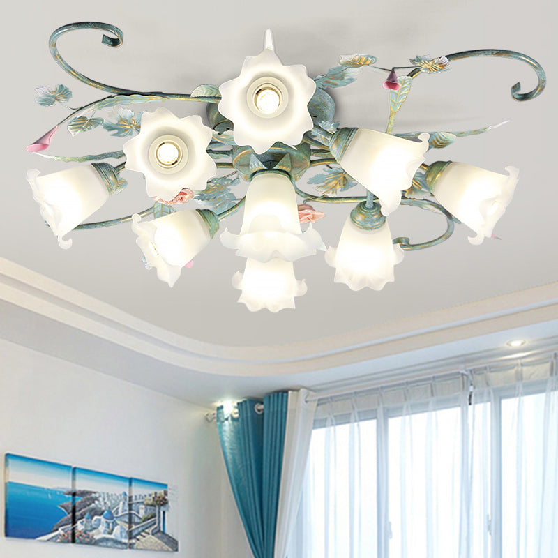 Metal Floral Ceiling Fixture Pastoral 4/5/9 Lights Living Room Semi Flush Mount Light in Blue 9 Blue Clearhalo 'Ceiling Lights' 'Close To Ceiling Lights' 'Close to ceiling' 'Semi-flushmount' Lighting' 465733