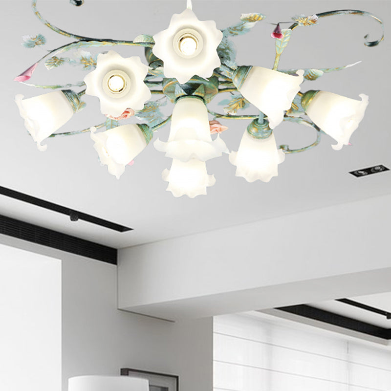 Metal Floral Ceiling Fixture Pastoral 4/5/9 Lights Living Room Semi Flush Mount Light in Blue Clearhalo 'Ceiling Lights' 'Close To Ceiling Lights' 'Close to ceiling' 'Semi-flushmount' Lighting' 465734