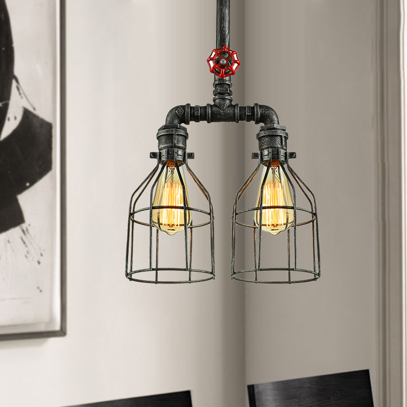 2/3 Lights Hanging Lighting Rustic Style Wire Guard Wrought Iron Island Pendant Light with Pipe in Aged Silver/Black 2 Aged Silver Clearhalo 'Ceiling Lights' 'Island Lights' Lighting' 465738