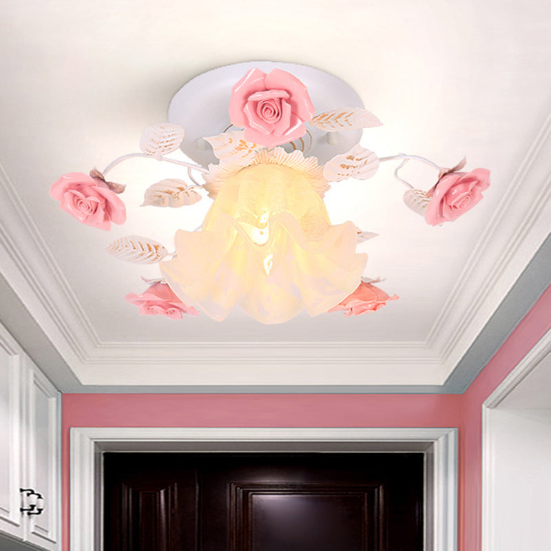 Rose Porch Ceiling Lighting Korean Garden Metal 1 Bulb White Semi Flush Mount Light Fixture White Clearhalo 'Ceiling Lights' 'Close To Ceiling Lights' 'Close to ceiling' 'Semi-flushmount' Lighting' 465753