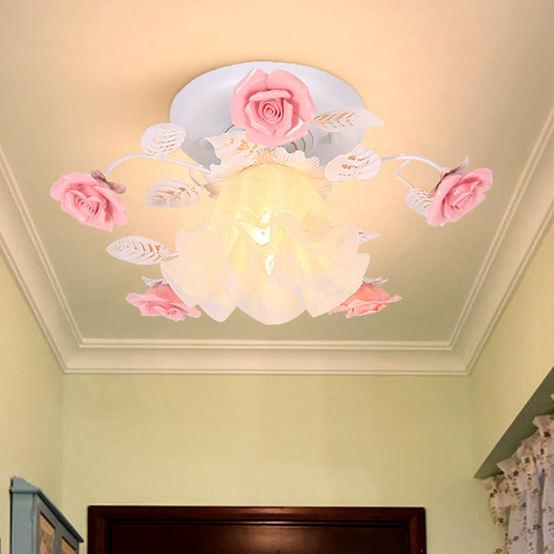 Rose Porch Ceiling Lighting Korean Garden Metal 1 Bulb White Semi Flush Mount Light Fixture Clearhalo 'Ceiling Lights' 'Close To Ceiling Lights' 'Close to ceiling' 'Semi-flushmount' Lighting' 465754