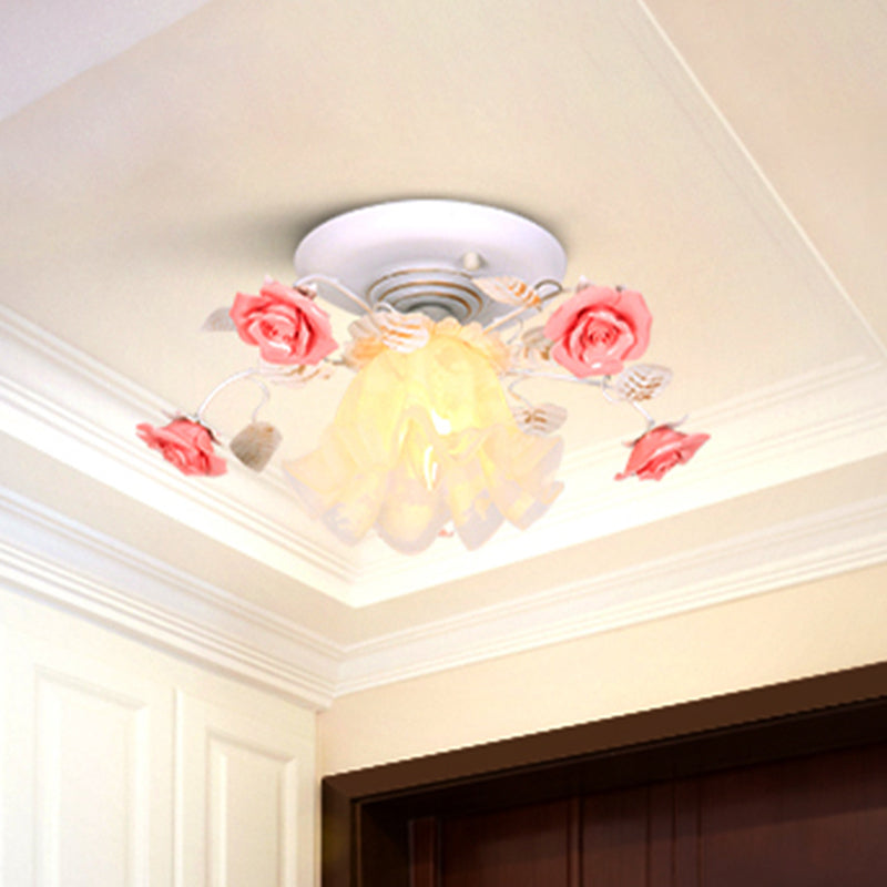 Rose Porch Ceiling Lighting Korean Garden Metal 1 Bulb White Semi Flush Mount Light Fixture Clearhalo 'Ceiling Lights' 'Close To Ceiling Lights' 'Close to ceiling' 'Semi-flushmount' Lighting' 465755