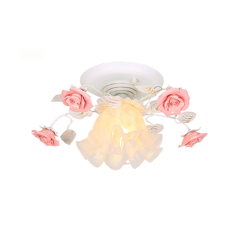 Rose Porch Ceiling Lighting Korean Garden Metal 1 Bulb White Semi Flush Mount Light Fixture Clearhalo 'Ceiling Lights' 'Close To Ceiling Lights' 'Close to ceiling' 'Semi-flushmount' Lighting' 465756