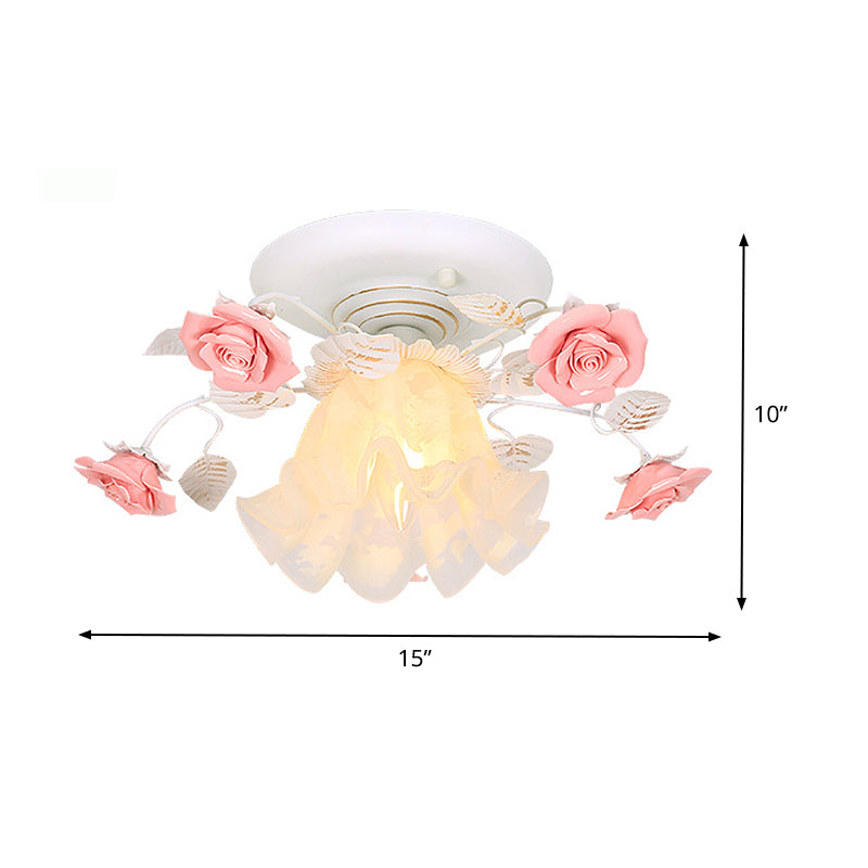 Rose Porch Ceiling Lighting Korean Garden Metal 1 Bulb White Semi Flush Mount Light Fixture Clearhalo 'Ceiling Lights' 'Close To Ceiling Lights' 'Close to ceiling' 'Semi-flushmount' Lighting' 465757