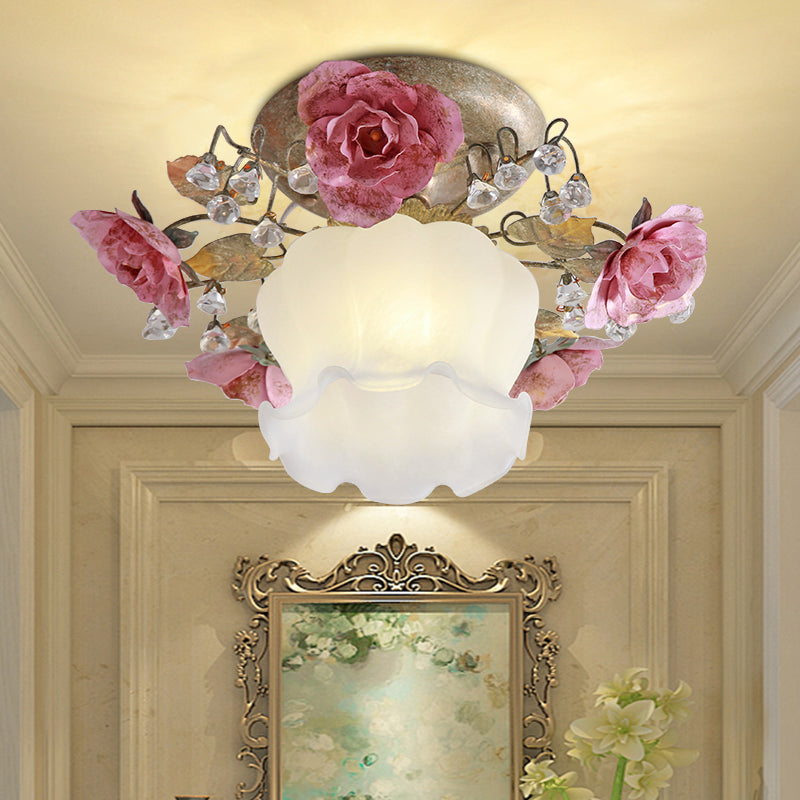 Scalloped Metal Ceiling Lamp Korean Garden 1-Light Hall Flower Semi Flush Light Fixture in White White Clearhalo 'Ceiling Lights' 'Close To Ceiling Lights' 'Close to ceiling' 'Semi-flushmount' Lighting' 465758