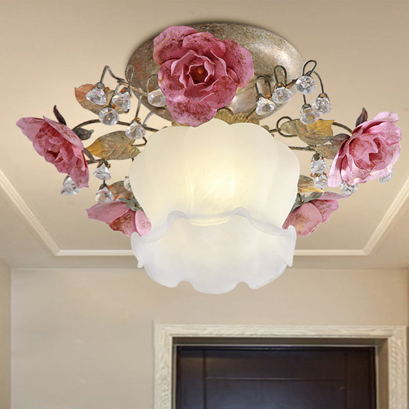 Scalloped Metal Ceiling Lamp Korean Garden 1-Light Hall Flower Semi Flush Light Fixture in White Clearhalo 'Ceiling Lights' 'Close To Ceiling Lights' 'Close to ceiling' 'Semi-flushmount' Lighting' 465759