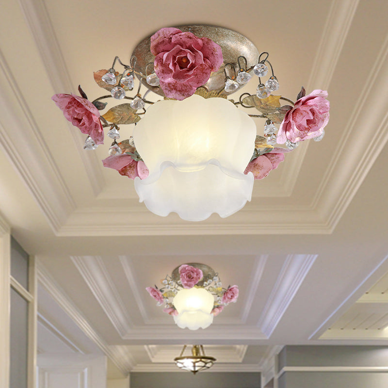 Scalloped Metal Ceiling Lamp Korean Garden 1-Light Hall Flower Semi Flush Light Fixture in White Clearhalo 'Ceiling Lights' 'Close To Ceiling Lights' 'Close to ceiling' 'Semi-flushmount' Lighting' 465760