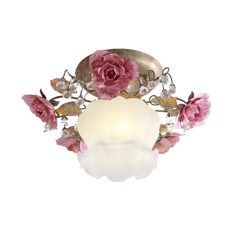 Scalloped Metal Ceiling Lamp Korean Garden 1-Light Hall Flower Semi Flush Light Fixture in White Clearhalo 'Ceiling Lights' 'Close To Ceiling Lights' 'Close to ceiling' 'Semi-flushmount' Lighting' 465761