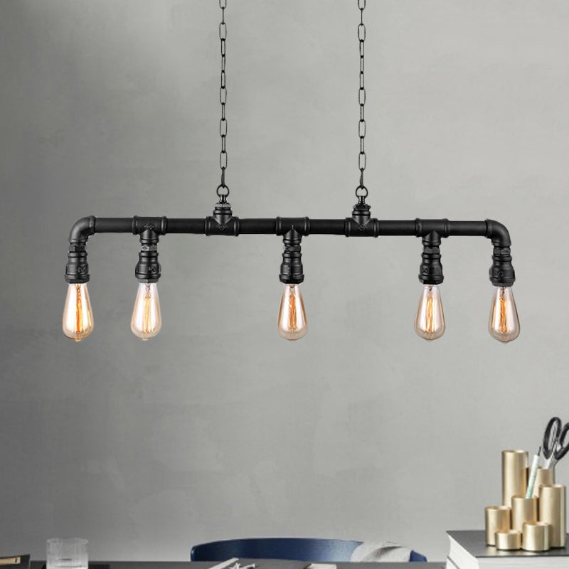 5 Lights Linear Island Pendant Light with Pipe Design Farmhouse Style Black Metal Lighting Fixture Clearhalo 'Ceiling Lights' 'Island Lights' Lighting' 465779