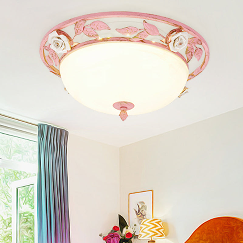 15"/19" W Metal Bowl Ceiling Lighting Korean Flower 1 Head Bedroom Flush Mount Light Fixture in Pink/Blue/Green Pink Clearhalo 'Ceiling Lights' 'Close To Ceiling Lights' 'Close to ceiling' 'Flush mount' Lighting' 465789