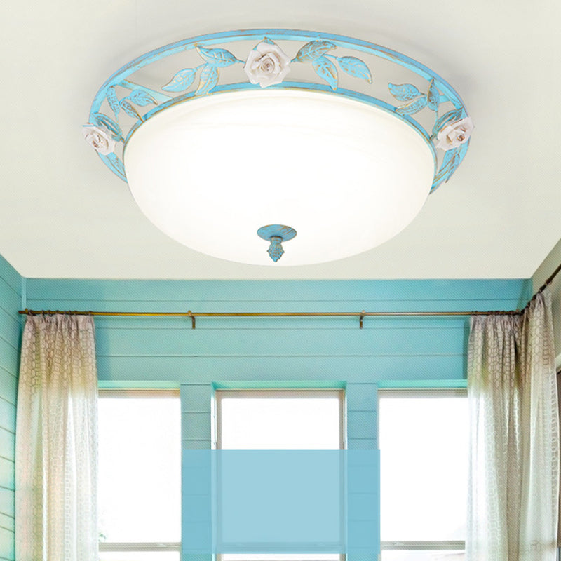 15"/19" W Metal Bowl Ceiling Lighting Korean Flower 1 Head Bedroom Flush Mount Light Fixture in Pink/Blue/Green Blue Clearhalo 'Ceiling Lights' 'Close To Ceiling Lights' 'Close to ceiling' 'Flush mount' Lighting' 465791