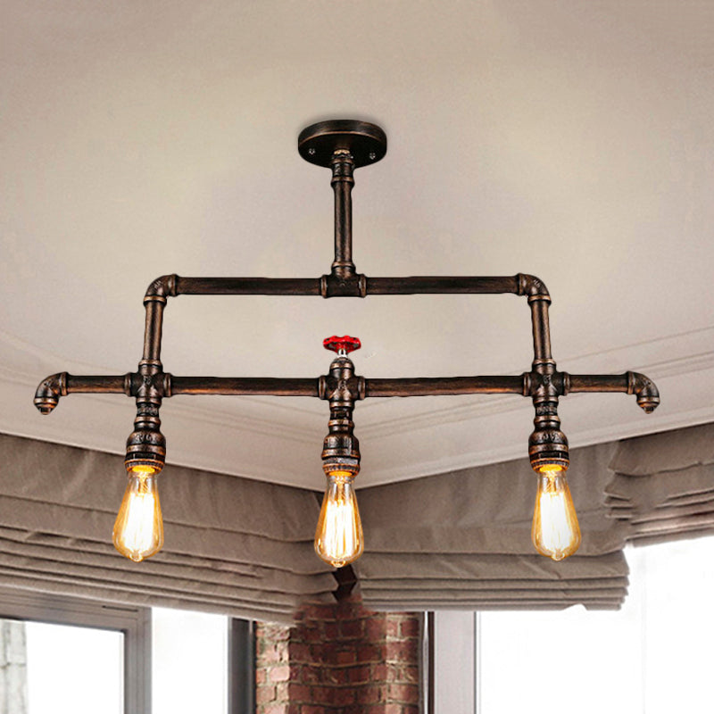 3 Lights Linear Island Lighting Steampunk Bronze Metal Island Pendant Lamp with Pipe and Valve Decoration Clearhalo 'Ceiling Lights' 'Island Lights' Lighting' 465800