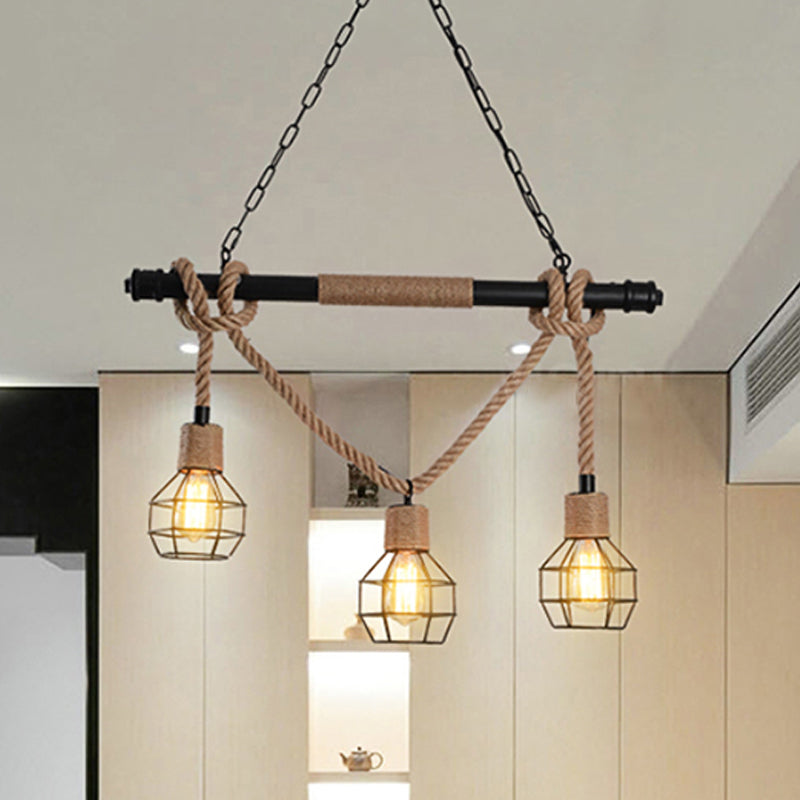 3 Head Island Lighting Vintage Style Globe Cage Metal and Rope Hanging Light in Beige for Dining Room Clearhalo 'Ceiling Lights' 'Island Lights' Lighting' 465801