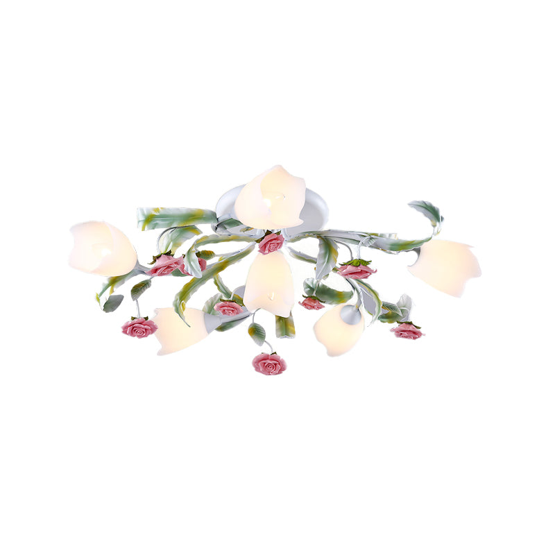 Rose Living Room Semi-Flush Mount Pastoral Metal 4/6/9 Heads Green and White Close to Ceiling Lamp Clearhalo 'Ceiling Lights' 'Close To Ceiling Lights' 'Close to ceiling' 'Semi-flushmount' Lighting' 465805