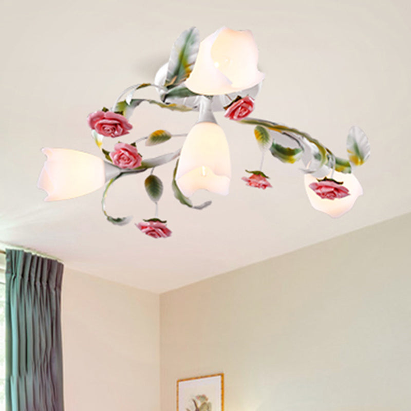 Rose Living Room Semi-Flush Mount Pastoral Metal 4/6/9 Heads Green and White Close to Ceiling Lamp Clearhalo 'Ceiling Lights' 'Close To Ceiling Lights' 'Close to ceiling' 'Semi-flushmount' Lighting' 465808