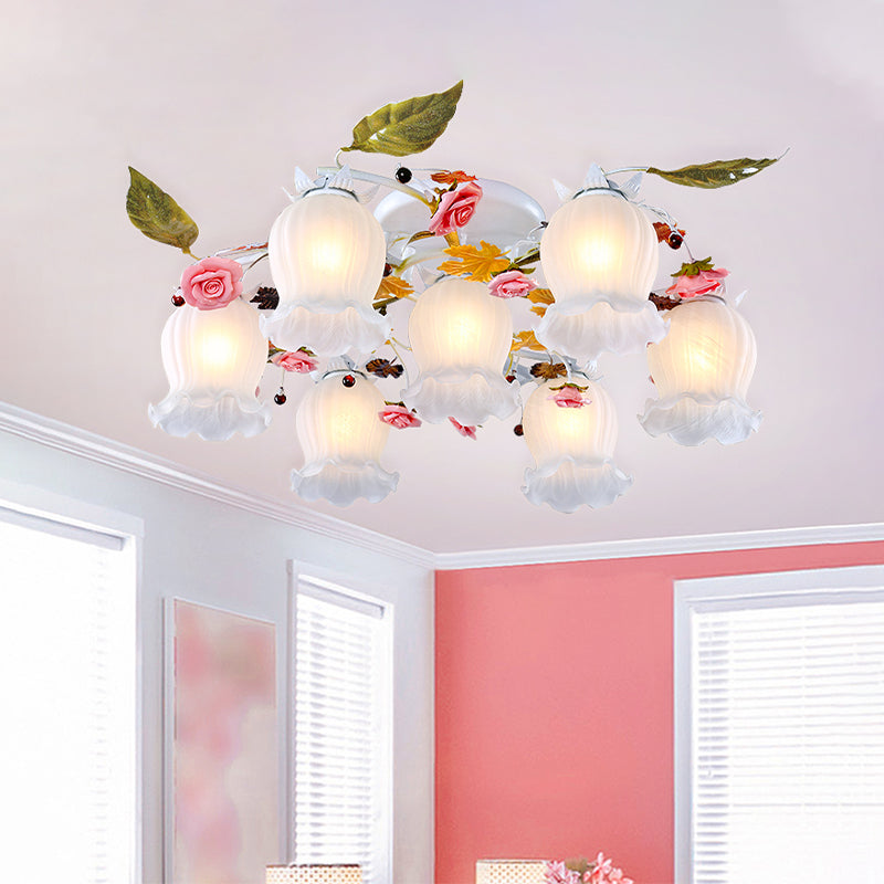 Bloom Living Room Semi Flush Korean Garden Metal 7/9 Bulbs White Close to Ceiling Lighting Fixture 7 White Clearhalo 'Ceiling Lights' 'Close To Ceiling Lights' 'Close to ceiling' 'Semi-flushmount' Lighting' 465835