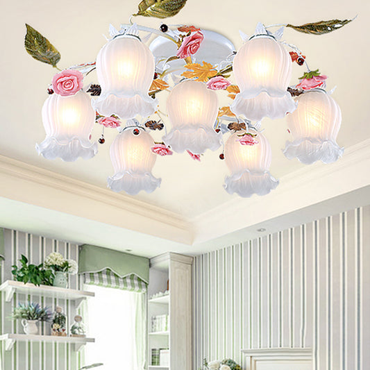 Bloom Living Room Semi Flush Korean Garden Metal 7/9 Bulbs White Close to Ceiling Lighting Fixture Clearhalo 'Ceiling Lights' 'Close To Ceiling Lights' 'Close to ceiling' 'Semi-flushmount' Lighting' 465836