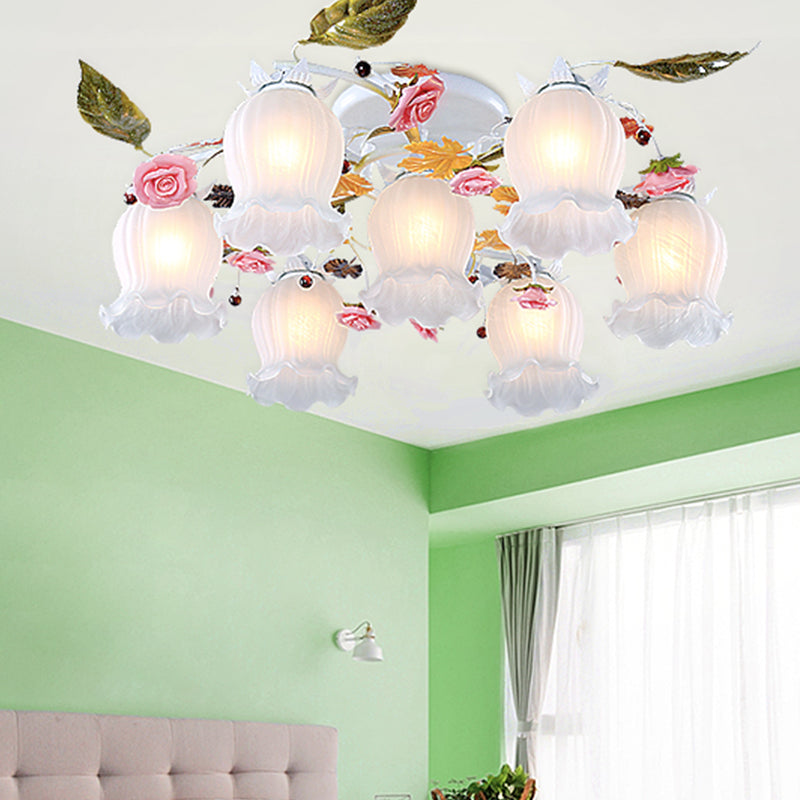 Bloom Living Room Semi Flush Korean Garden Metal 7/9 Bulbs White Close to Ceiling Lighting Fixture Clearhalo 'Ceiling Lights' 'Close To Ceiling Lights' 'Close to ceiling' 'Semi-flushmount' Lighting' 465837