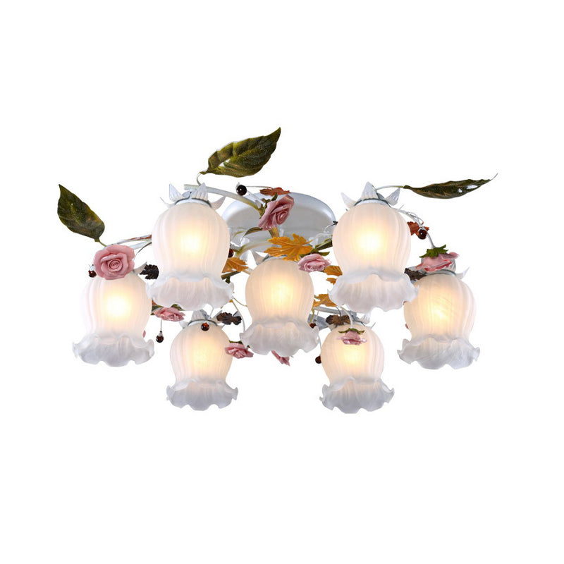 Bloom Living Room Semi Flush Korean Garden Metal 7/9 Bulbs White Close to Ceiling Lighting Fixture Clearhalo 'Ceiling Lights' 'Close To Ceiling Lights' 'Close to ceiling' 'Semi-flushmount' Lighting' 465838