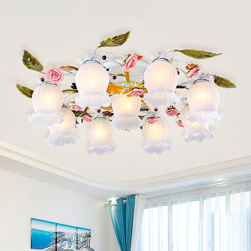 Bloom Living Room Semi Flush Korean Garden Metal 7/9 Bulbs White Close to Ceiling Lighting Fixture 9 White Clearhalo 'Ceiling Lights' 'Close To Ceiling Lights' 'Close to ceiling' 'Semi-flushmount' Lighting' 465840